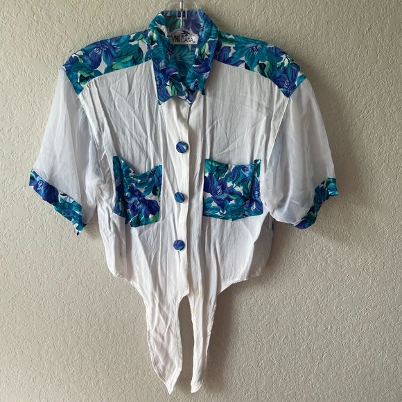 1990s Tie Front Crop Top with Sheer Sleeves - Picture 1 of 10
